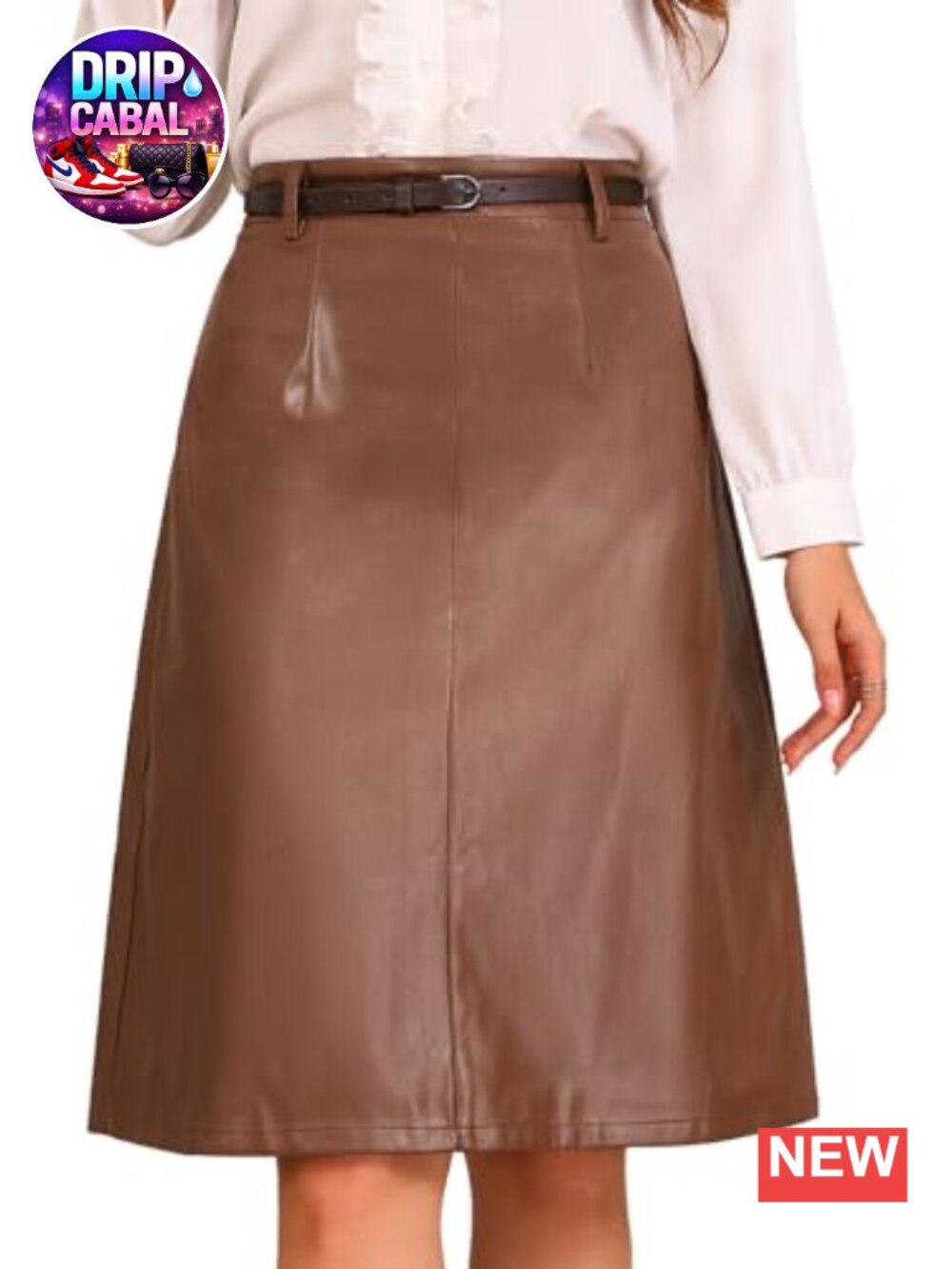 Faux Leather A-Line Midi Skirt High Waisted with Belt